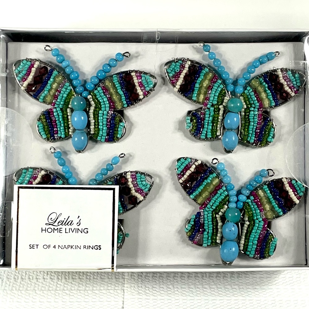 Leila’s Home Living Dining 4PK Multi Color Beaded Napkin Rings Set New NWT